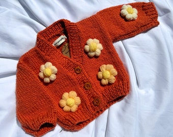 Hand Knitted Floral Baby Girl Cardigan, Crochet Toddler Outfit, Cute Newborn Clothes, Daisy Girls Gift, for 0-3 Years, for Newborn