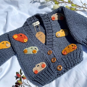 Baby Cardigan With Car Embroidered, Hand Knitted 3D Car Baby Boy Cardigan, Baby Boy Cardigan Knit, For 1-Year-Old Baby Boy, Birthday Gift