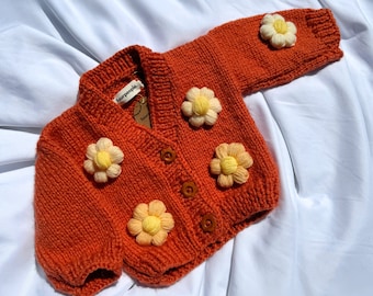 Hand Knitted Floral Baby Girl Cardigan, Crochet Toddler Outfit, Cute Newborn Clothes, Daisy Girls Gift, for 0-3 Months, for Newborn