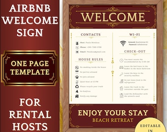 Elegant Airbnb Welcome Sign or Poster Template for hosts | Editable in Canva | Printable | VRBO | Check-Out | House Rules | Wi-Fi | Contact