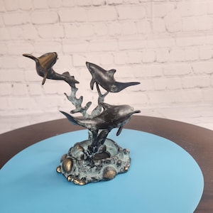 Vintage Bronze Dolphin Sculpture: Coastal Candle Holder, Shell Base