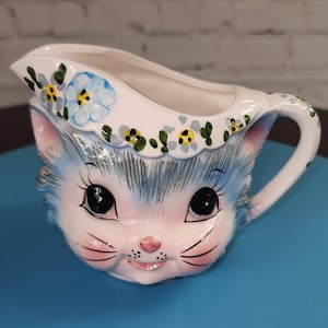 Vintage Lefton Miss Priss Blue Kitty Floral Creamer #1508 | 1950s Japan