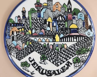 Jerusalem Hand-Painted Ceramic Wall Hanging Plate | Armenian Jewish Collectible | Holy Land Market Design