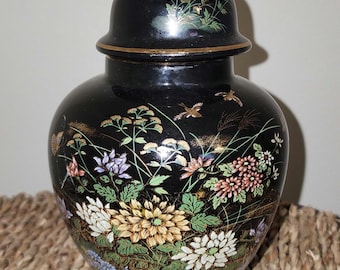 Japanese Imperial Kiku Ginger Jar Black Gold Floral Pottery Chrysanthemum Crest