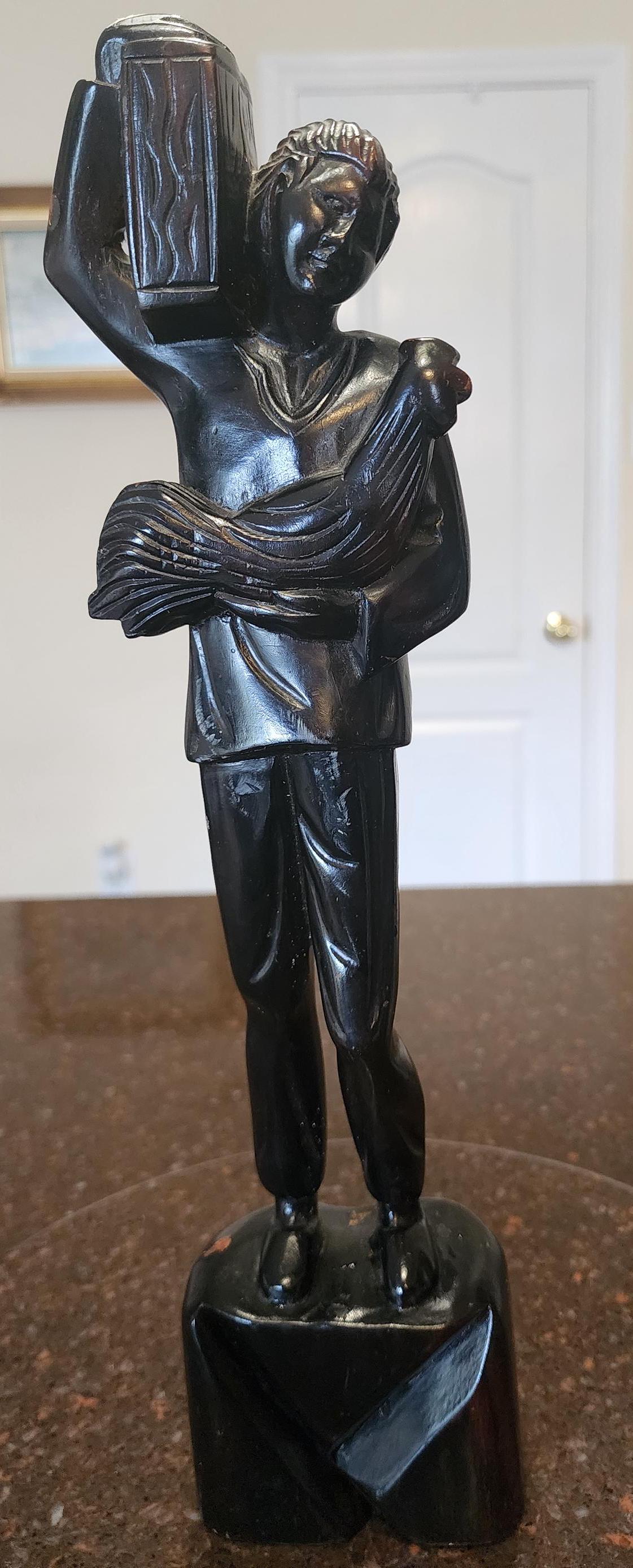 African Ebony Wood Carving - Man with Box and Hen