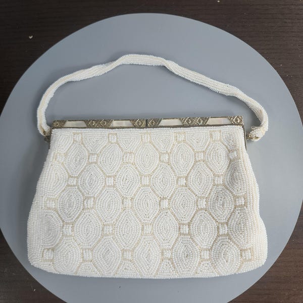 Vintage Richere by Walborg Cream Beaded Purse | Geometric Lines | Mother of Pearl Clutch Evening Bag