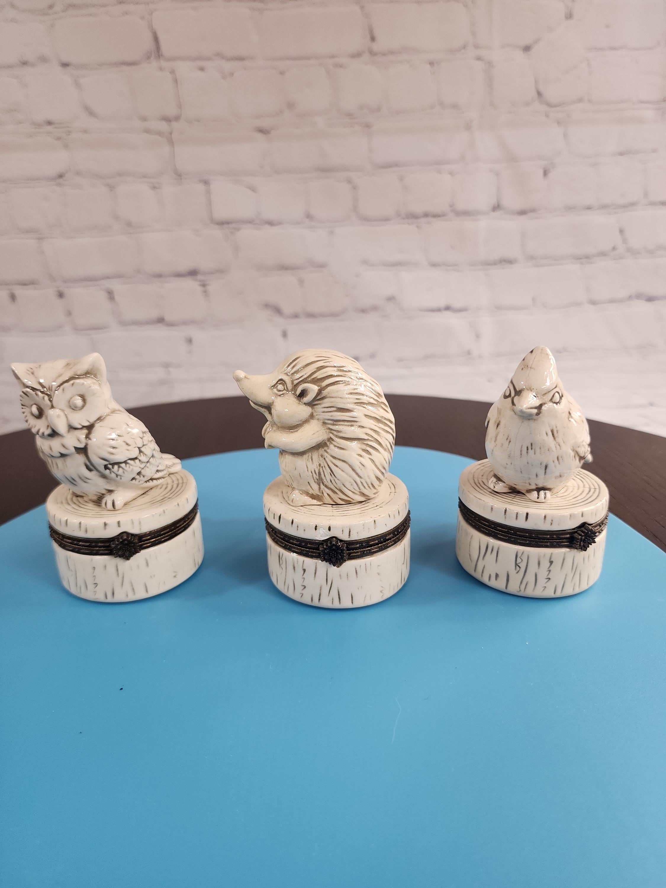 Vintage Ceramic Animal Trinket Boxes: Owl, Hedgehog, Cardinal - Set of 3