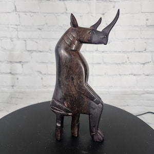Vintage Hand Carved Ironwood Rhinoceros Figurine: Wildlife Decor (8&quot; x 3.5&quot; x 2&quot;)