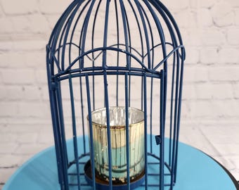 Blue Distressed Bird Cage Candle Holder with Mercury Glass Votive, Versatile Decor