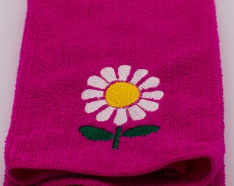 Embroidered Daisy Hand Towel - Ribbed Microfiber - Hot Pink - Bright and Sunny-  Kitchen or Bathroom