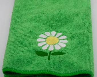 Embroidered Daisy Hand Towel - Plush Microfiber - Yellow or Green - Bright and Sunny-  Kitchen or Bathroom
