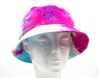 Pink and Blue Tie Dye Bucket Cap with Embroidered Dancing Bear