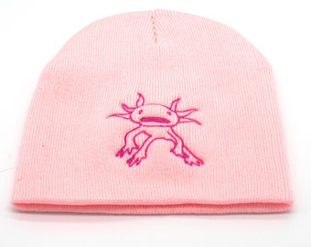 Pink Beanie with Embroidered Axolotl