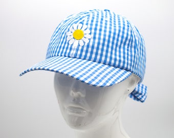 Blue and White Gingham Baseball Cap with embroidered Daisy