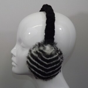 Adjustable Earmuffs, Ear Warmers - Black and White Striped Print Faux Fur