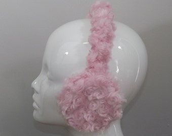 Adjustable Earmuffs, Ear Warmers - Light Pink Rosette Faux Fur