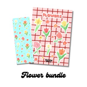 Op de afbeelding: Een bloemenbundel met een bladwijzer en een stickervel. De bladwijzer heeft een lichtblauwe achtergrond met kleine bloemenillustraties. Het stickervel heeft een roze rasterpatroon met diverse bloemenstickers. De tekst "Flowers" en "Sparkling Paper" zijn zichtbaar.