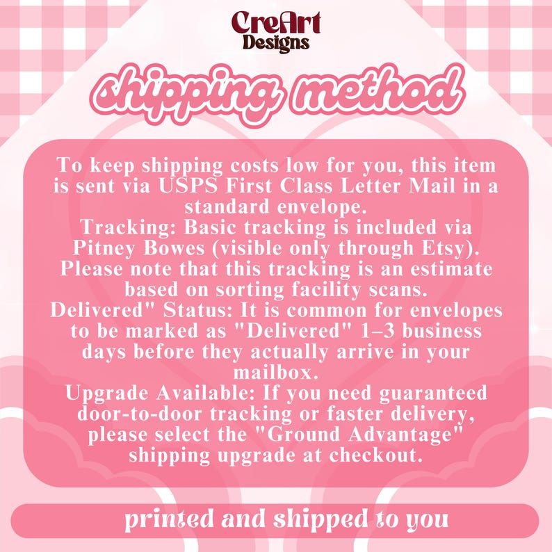 May include: Pink graphic with the text "shipping method" and "CreArt Designs" logo. The text explains the shipping process, including USPS First Class Letter Mail and tracking information.