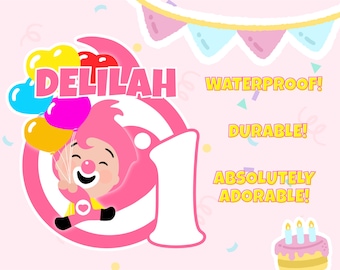 Custom Pink Plim Plim Birthday Stickers, Waterproof Party Favors