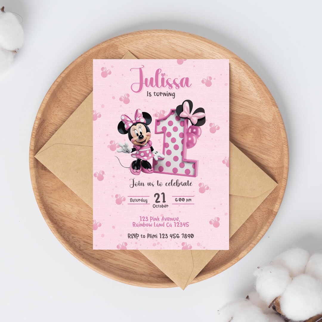 Pink Minnie Mouse First Birthday Invitation | Polka Dot Party (digital ...