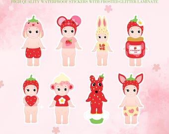 Strawberry Angels Stickers | Frosted Glitter Laminate | Singles or Pack of 8