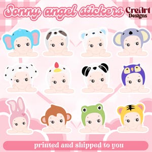 May include: A collection of Sonny Angel stickers featuring adorable baby figures in animal-themed hats. The stickers include designs such as an elephant, dog, bear, koala, Dalmatian, chicken, panda, owl, bunny, monkey, frog, and tiger. The text "Sonny angel stickers" and "CreArt Designs" are visible.