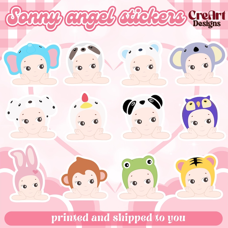 May include: A collection of Sonny Angel stickers featuring adorable baby figures in animal-themed hats. The stickers include designs such as an elephant, dog, bear, koala, Dalmatian, chicken, panda, owl, bunny, monkey, frog, and tiger. The text "Sonny angel stickers" and "CreArt Designs" are visible.