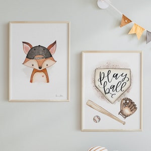 Baseball Print SET,  Boys Sports Wall Art, Woodland Fox Print Set, Nursery Wall Art, Sports Wall Art Decor, Sports Nursery, Sports Printable