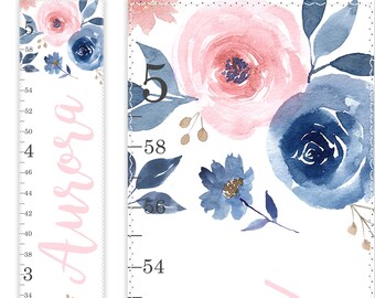 Girls Growth Chart, Canvas Growth Chart, Blush Pink and Navy Floral Nursery Art, Watercolor Roses, Personalized Height Chart Ruler, Wall Art