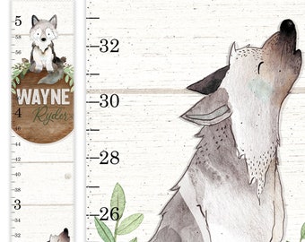 Wolf Growth Chart, Woodland Growth Chart, Canvas Growth Chart, Woodland Nursery Decor, Baby Wolf,  Height Chart, Faux Round Wood Sign Decor