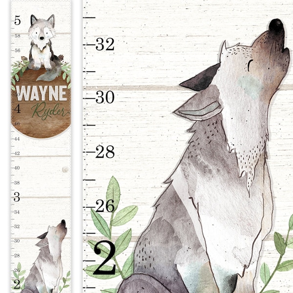 Wolf Growth Chart, Woodland Growth Chart, Canvas Growth Chart, Woodland Nursery Decor, Baby Wolf,  Height Chart, Faux Round Wood Sign Decor