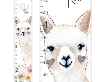 Personalized Llama Growth Chart with Floral Watercolor Nursery Art