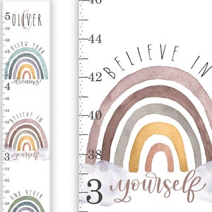 May include: A colorful rainbow growth chart with a watercolor design. The chart features a rainbow with a cloud and the text "Believe in yourself". The chart is designed to measure a child's height in inches.