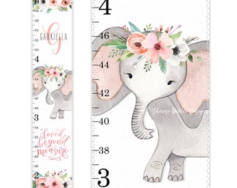 Elephant Growth Chart, Canvas Growth Chart, Personalized Growth Chart, Coral Roses Nursery,  Safari Jungle Animal, Floral Animal Nursery