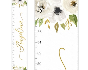 Courbe de croissance pour filles, courbe de croissance en toile, art mural aquarelle roses blanches, courbe personnalisée, décoration de chambre de bébé fille, art bohème pour chambre de bébé