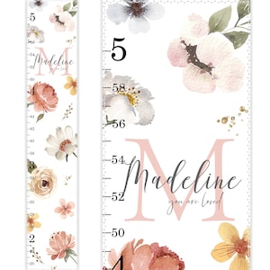 Art floral bohème vintage pour chambre de bébé, courbe de croissance florale vintage, courbe de croissance personnalisée, courbe de croissance en toile, chambre de bébé bohème, couleurs naturelles