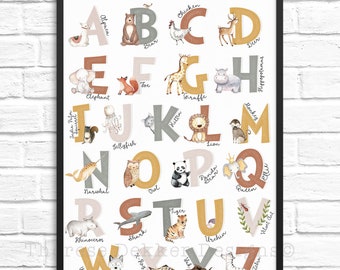 Alphabet Nursery Decor, Alphabet Wall Art Print, Alphabet Poster Printable Kids Wall Art, ABC Print, Alphabet Animals, Digital Download