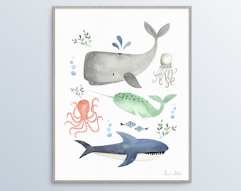 IMPRIMABLE Sous la digue Art, Ocean Nursery Print, Créatures marines, Pépinière sur le thème de la mer, Ocean Printable, Art nautique, Baby Boy Girl Room