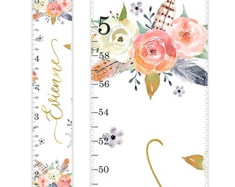 Growth Chart, Height Ruler, Nursery Decor, Peach Gold Nursery, Floral Nursery Decor, Watercolor Nursery, Rose Blossom, Peachy Blush Blooms