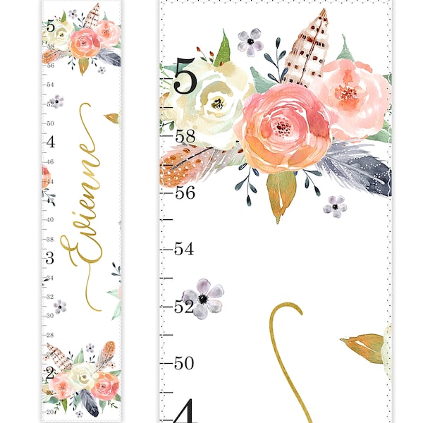 Growth Chart, Height Ruler, Nursery Decor, Peach Gold Nursery, Floral Nursery Decor, Watercolor Nursery, Rose Blossom, Peachy Blush Blooms
