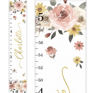 Personalized Growth Chart, Growth Chart Ruler, Height Chart, Canvas Growth Chart, Blush Gold Nursery, Vintage Floral Nursery Decor, Wall Art