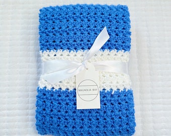 Blue Baby Blanket Handmade Crochet, Knit Baby Afghan, Baby Boy Blanket, Striped Baby Blanket, Newborn Boy, Blue and White Baby Blanket, Gift