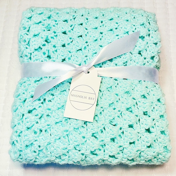 Aqua Crochet Baby Blanket, Baby Shower Gift, Handmade Newborn Photo Prop, Car Seat Blanket, Handmade Blanket, Free Shipping, Nursery Decor