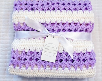 Handmade Crochet Baby Blanket: Purple & White Striped Knit Afghan