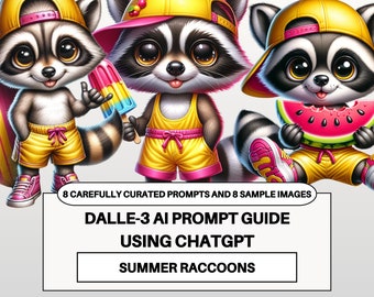 Summer Raccoon, Pink, Dall-E3 & ChatGPT 4 AI Art Prompt Guide and Sample Images, 8 Prompts And Images, Customizable Prompts, Dalle-3 Prompts