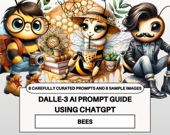 Bees, Dall-E3 & ChatGPT v4 AI Art Prompt Guide and Sample Images, 8 Bumble Bee Prompts And Images, Customizable Prompts, Dalle-3 Prompts