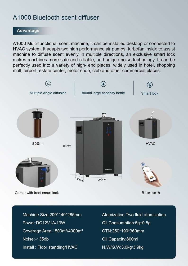 K&ouml;nnte beinhalten: A1000 Bluetooth-Duftdiffusor. Das Bild zeigt einen grauen Duftdiffusor mit schwarzer Frontplatte. Er hat eine Flasche mit gro&szlig;em Fassungsverm&ouml;gen und kann als Tischger&auml;t oder an ein HLK-System angeschlossen werden. Abmessungen: 20cm x 14cm x 28,5cm.