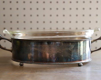 Vintage Silver Plate Oval Casserole Dish Holder with Pyrex Casserole Dish