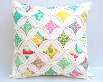 30% Off Pillow Cover Turquoise Lime Green Pink Cathedral Window Pillow 18 Inch