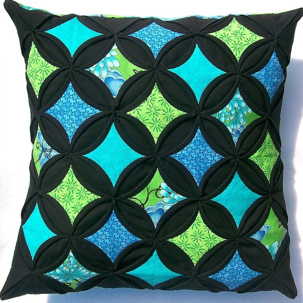 CLEARANCED - Aqua and Lime Hand-sewn Cathedral Windows Pillow Cover
